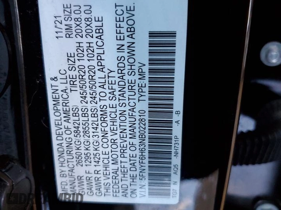2022 Honda Pilot Touring 7-Passenger with VIN 5FNYF6H63NB022810, listed as a Copart auction lot 42806635 with 0 mi miles and Salvage Title. Bid and sale history available at carsss.com. Image 13.
