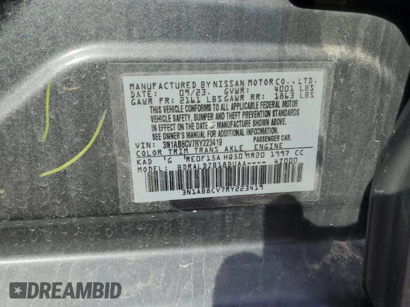 2024 Nissan Sentra SV with VIN 3N1AB8CV7RY223419, listed as a Copart auction lot 55936995 with 21,623 mi miles and Salvage title. Bid and sale history available at DreamBid. Image 12.