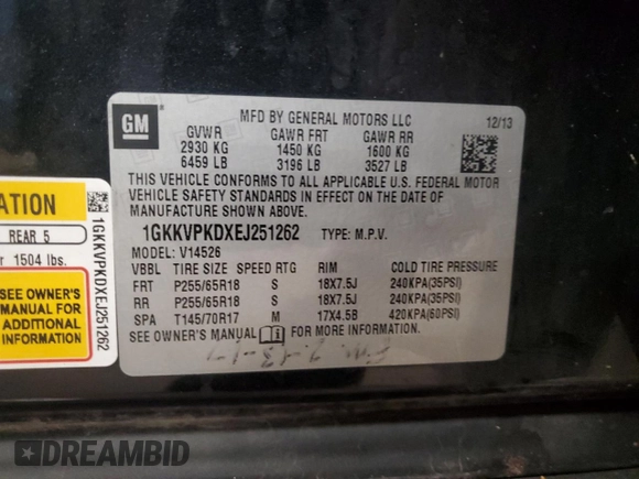 2014 GMC Acadia SLE with VIN 1GKKVPKDXEJ251262, listed as a Copart auction lot 57589015 with 166,000 mi miles and Salvage title. Bid and sale history available at DreamBid. Image 13.
