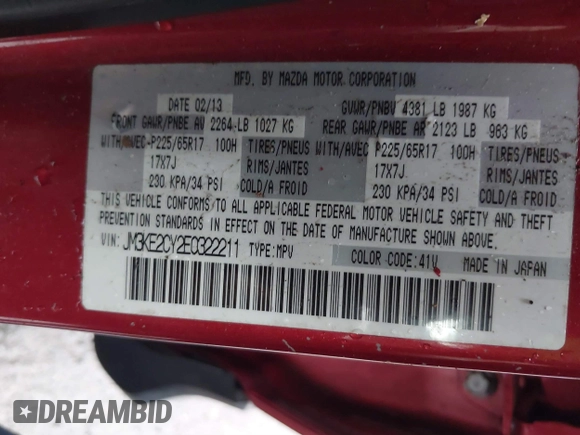 2014 Mazda CX-5 Touring with VIN JM3KE2CY2E0322211, listed as a IAAI auction lot 41721219 with 127,312 mi miles. Bid and sale history available at carsss.com. Image 9.