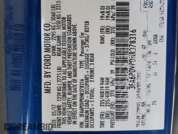 2017 Ford Fusion Sport with VIN 3FA6P0VP0HR378316, listed as a Copart auction lot 43107955 with 150,248 mi miles and Salvage Title. Bid and sale history available at carsss.com. Image 12.