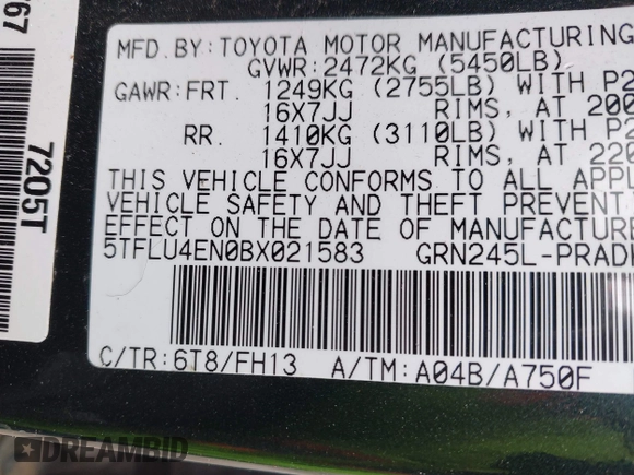 2011 Toyota Tacoma with VIN 5TFLU4EN0BX021583, listed as a IAAI auction lot 41937302 with 249,251 mi miles. Bid and sale history available at carsss.com. Image 9.