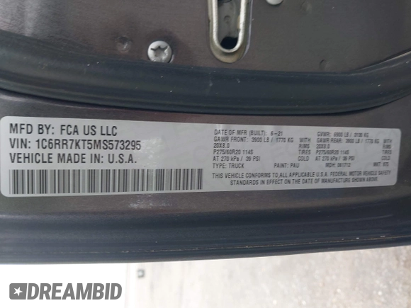 2021 Ram 1500 Tradesman с VIN 1C6RR7KT5MS573295, выставлен на аукционе IAAI как лот 42124907 с пробегом 71 286 миль миль и . История ставок и продаж доступна на DreamBid. Изображение 9.