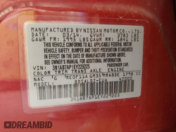 2014 Nissan Sentra S with VIN 3N1AB7AP1EY229225, listed as a Copart auction lot 51585595 with 193,577 mi miles and Salvage Title. Bid and sale history available at DreamBid. Image 13.