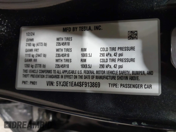 2025 Tesla Model 3 Long Range with VIN 5YJ3E1EA4SF913869, listed as a IAAI auction lot 41416608 with 1,141 mi miles and . Bid and sale history available at DreamBid. Image 9.