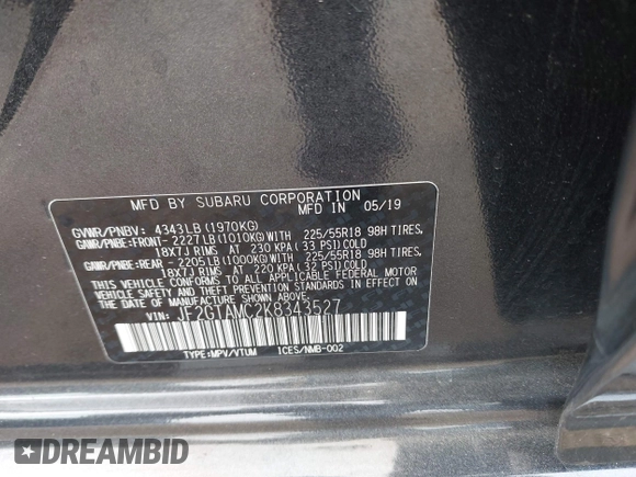 2019 Subaru Crosstrek Limited z VIN JF2GTAMC2K8343527, wystawiony jako IAAI lot #42042073 z przebiegiem 11 960 mil mil oraz . Historia ofert i sprzedaży dostępna na DreamBid. Obrazek 9.