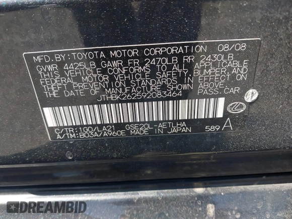 2009 Lexus IS 250 with VIN JTHBK262592083464, listed as a IAAI auction lot 42405805 with 83,968 mi miles and . Bid and sale history available at DreamBid. Image 9.