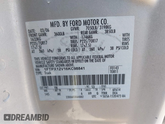 2006 Ford F-150 XL with VIN 1FTPX12V16KC98841, listed as a IAAI auction lot 42715500 with 236,278 mi miles and . Bid and sale history available at DreamBid. Image 9.