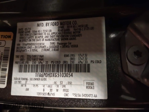 2016 Ford Fusion SE with VIN 1FA6P0HDXG5103054, listed as a IAAI auction lot 41823043 with 71,303 mi miles and . Bid and sale history available at DreamBid. Image 9.