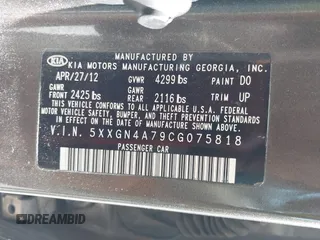 2012 Kia Optima EX with VIN 5XXGN4A79CG075818, listed as a IAAI auction lot 42151671 with 87,645 mi miles. Bid and sale history available at carsss.com. Image 9.
