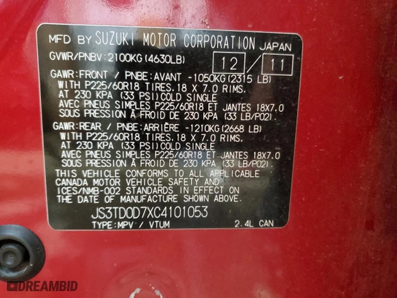 2012 Suzuki Grand Vitara Limited with VIN JS3TD0D7XC4101053, listed as a Copart auction lot 44327615 with 272,451 mi miles and Salvage Title. Bid and sale history available at carsss.com. Image 13.