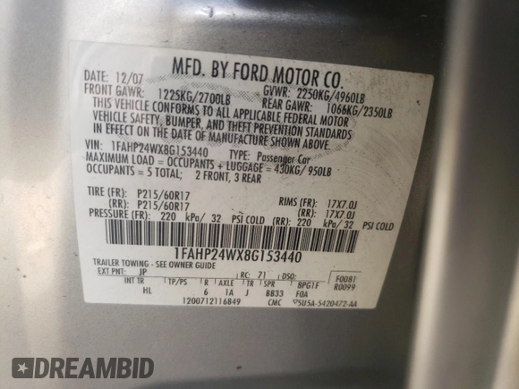2008 Ford Taurus SEL with VIN 1FAHP24WX8G153440, listed as a Copart auction lot 78514404 with 0 mi miles and Salvage Title. Bid and sale history available at carsss.com. Image 14.