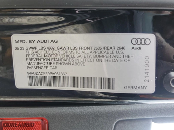 2023 Audi A5 Sportback S line Premium with VIN WAUDACF59PA061867, listed as a Copart auction lot 56488854 with NaN miles and Salvage Title. Bid and sale history available at carsss.com. Image 12.