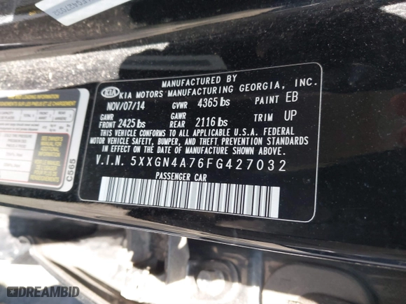 2015 Kia Optima EX with VIN 5XXGN4A76FG427032, listed as a IAAI auction lot 41853276 with 79,110 mi miles. Bid and sale history available at carsss.com. Image 9.