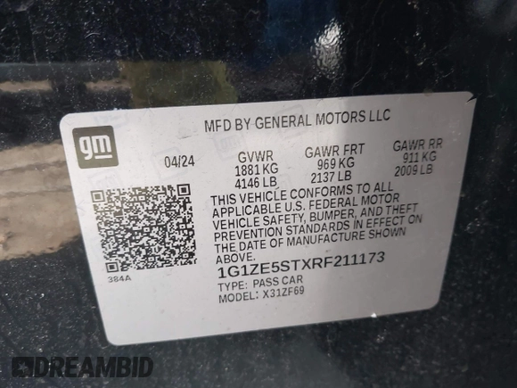 2024 Chevrolet Malibu LT with VIN 1G1ZE5STXRF211173, listed as a IAAI auction lot 41531656 with 55,130 mi miles and . Bid and sale history available at DreamBid. Image 9.