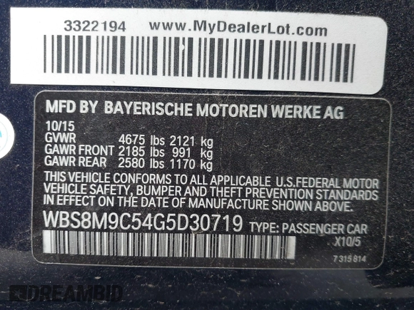 2016 BMW M3 with VIN WBS8M9C54G5D30719, listed as a IAAI auction lot 41686573 with 100,485 mi miles and . Bid and sale history available at DreamBid. Image 9.