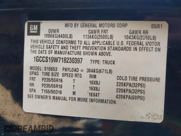 2001 Chevrolet S-10 LS with VIN 1GCCS19W718230397, listed as a IAAI auction lot 41293765 with 151,578 mi miles and . Bid and sale history available at DreamBid. Image 9.