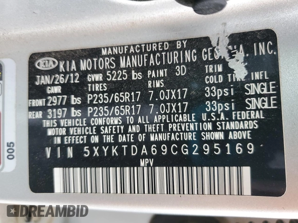 2012 Kia Sorento LX with VIN 5XYKTDA69CG295169, listed as a Copart auction lot 49184155 with 139,684 mi miles and Salvage Title. Bid and sale history available at DreamBid. Image 13.