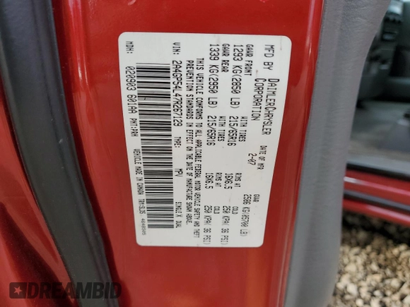 2007 Chrysler Town & Country LWB Touring with VIN 2A4GP54L47R267129, listed as a Copart auction lot 83315144 with 160,295 mi miles and Salvage Title. Bid and sale history available at carsss.com. Image 13.
