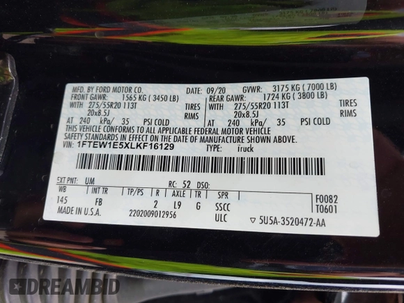 2020 Ford F-150 XL with VIN 1FTEW1E5XLKF16129, listed as a IAAI auction lot 42121449 with Not provided miles and . Bid and sale history available at DreamBid. Image 9.