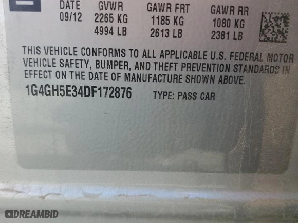 2013 Buick LaCrosse Premium 2 with VIN 1G4GH5E34DF172876, listed as a Copart auction lot 51674275 with 151,280 mi miles and Salvage Title. Bid and sale history available at carsss.com. Image 12.