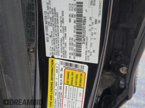 2015 Ford Fusion SE Hybrid with VIN 3FA6P0LU3FR190864, listed as a Copart auction lot 60048405 with 215,817 mi miles and Salvage title. Bid and sale history available at DreamBid. Image 12.