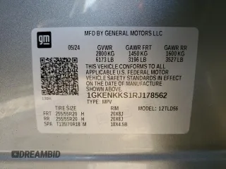 2024 GMC Acadia FWD Elevation z VIN 1GKENKKS1RJ178562, wystawiony jako Copart lot #82439884 z przebiegiem 11 149 mil mil oraz Szkoda całkowita • Salvage title. Historia ofert i sprzedaży dostępna na DreamBid. Obrazek 14.