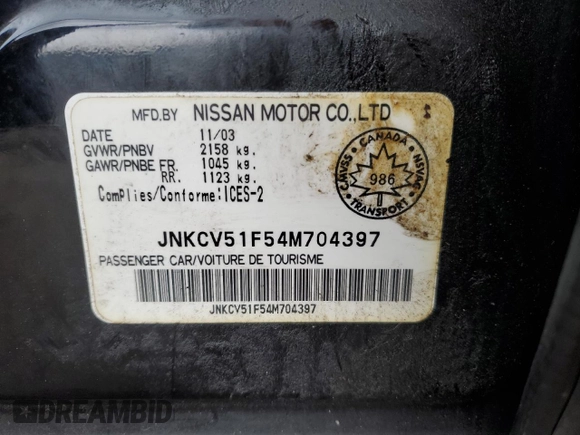 2004 Infiniti G35 w/Leather with VIN JNKCV51F54M704397, listed as a Copart auction lot 49492245 with Not Provided miles and Clean Title. Bid and sale history available at DreamBid. Image 12.