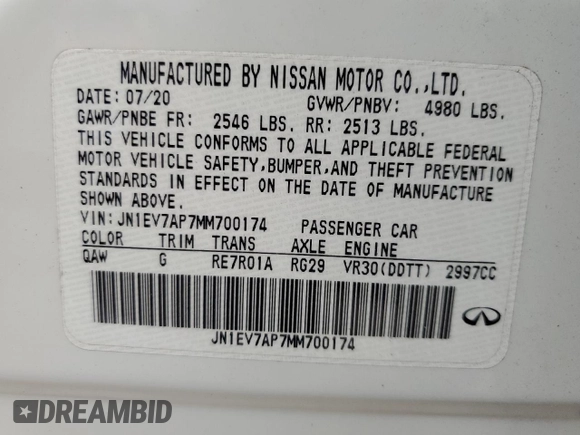 2021 Infiniti Q50 Pure with VIN JN1EV7AP7MM700174, listed as a Copart auction lot 62968275 with Not provided miles and Clean title. Bid and sale history available at DreamBid. Image 12.