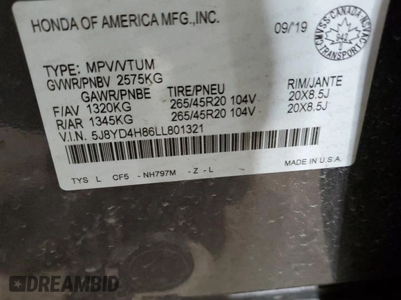2020 Acura MDX w/Advance Pkg with VIN 5J8YD4H86LL801321, listed as a Copart auction lot 88286965 with 49,110 mi miles and Salvage Title. Bid and sale history available at carsss.com. Image 14.