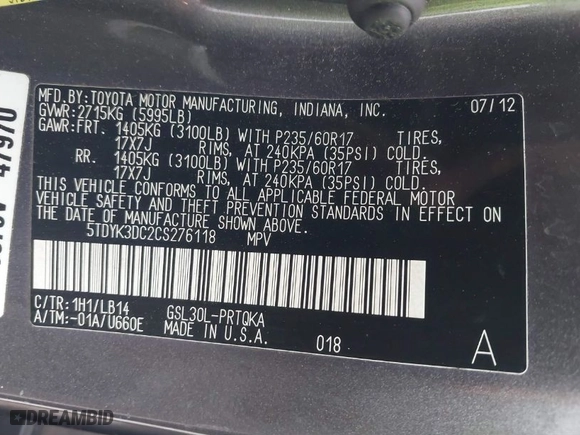 2012 Toyota Sienna XLE AAS with VIN 5TDYK3DC2CS276118, listed as a IAAI auction lot 41834422 with 143,043 mi miles. Bid and sale history available at carsss.com. Image 9.