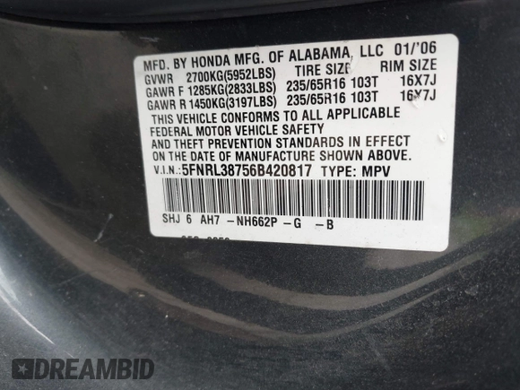 2006 Honda Odyssey EX-L z VIN 5FNRL38756B420817, wystawiony jako IAAI lot #42101271 z przebiegiem 203 892 mil mil oraz . Historia ofert i sprzedaży dostępna na DreamBid. Obrazek 9.