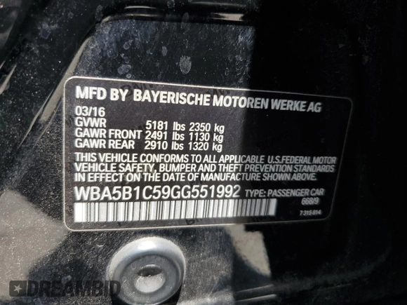 2016 BMW 5 Series 535i with VIN WBA5B1C59GG551992, listed as a Copart auction lot 58860315 with 83,736 mi miles and Salvage title. Bid and sale history available at DreamBid. Image 12.