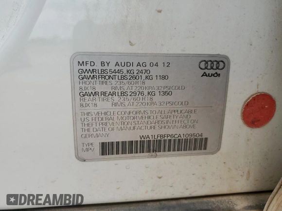 2012 Audi Q5 Premium Plus with VIN WA1LFBFP6CA109504, listed as a Copart auction lot 57720775 with 165,785 mi miles and Clean title. Bid and sale history available at DreamBid. Image 13.