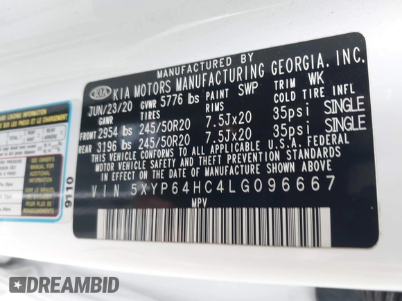 2020 Kia Telluride S z VIN 5XYP64HC4LG096667, wystawiony jako IAAI lot #42290483 z przebiegiem 58 320 mil mil oraz . Historia ofert i sprzedaży dostępna na DreamBid. Obrazek 9.