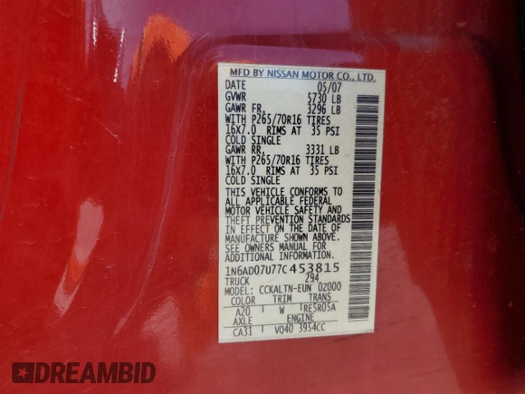 2007 Nissan Frontier SE with VIN 1N6AD07U77C453815, listed as a Copart auction lot 60501265 with 213,687 mi miles and Clean title. Bid and sale history available at DreamBid. Image 12.