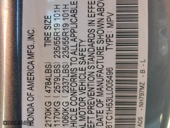 2020 Acura RDX w/Technology Pkg with VIN 5J8TC1H53LL005496, listed as a Copart auction lot 86693054 with 60,973 mi miles and Salvage Title. Bid and sale history available at carsss.com. Image 13.