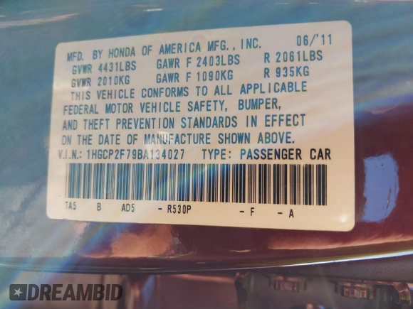 2011 Honda Accord EX with VIN 1HGCP2F79BA134027, listed as a IAAI auction lot 37875577 with 99,999 mi miles and . Bid and sale history available at DreamBid. Image 9.