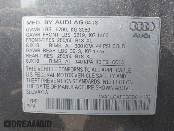 2013 Audi Q7 Premium Plus with VIN WA1LGAFE5DD014132, listed as a IAAI auction lot 42458839 with 135,687 mi miles and . Bid and sale history available at DreamBid. Image 9.
