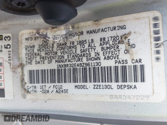 2008 Toyota Corolla CE with VIN 1NXBR32E48Z961130, listed as a IAAI auction lot 42189472 with 149,811 mi miles and . Bid and sale history available at DreamBid. Image 9.