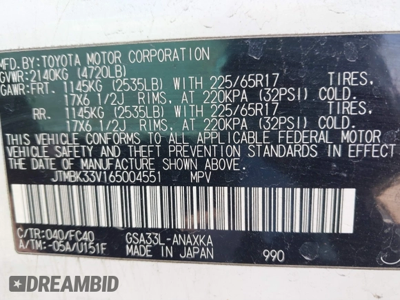 2006 Toyota RAV4 with VIN JTMBK33V165004551, listed as a IAAI auction lot 41757152 with 177,508 mi miles. Bid and sale history available at carsss.com. Image 9.