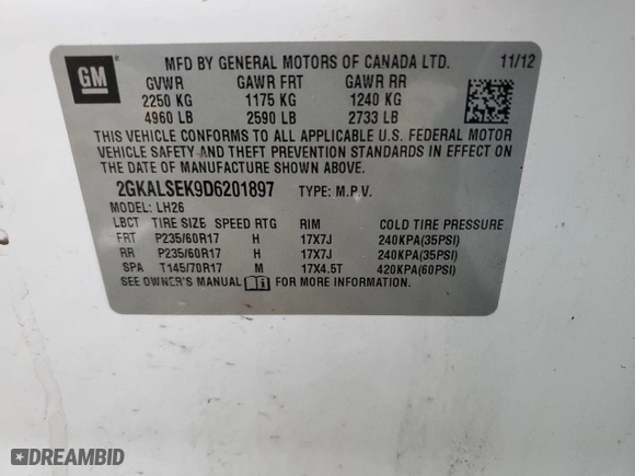 2013 GMC Terrain SLE with VIN 2GKALSEK9D6201897, listed as a Copart auction lot 51429685 with 188,825 mi miles and Salvage Title. Bid and sale history available at carsss.com. Image 14.