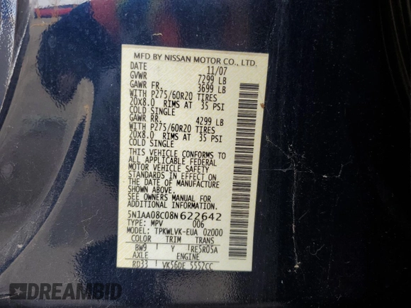 2008 Nissan Armada SE z VIN 5N1AA08C08N622642, wystawiony jako Copart lot #53407325 z przebiegiem 135 415 mil mil oraz Czysty tytuł • Clean title. Historia ofert i sprzedaży dostępna na DreamBid. Obrazek 13.