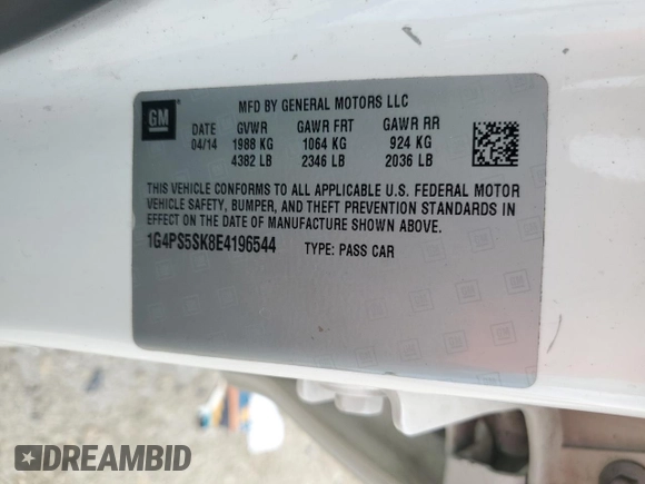 2014 Buick Verano Leather Group with VIN 1G4PS5SK8E4196544, listed as a Copart auction lot 70755734 with 0 mi miles and Salvage Title. Bid and sale history available at carsss.com. Image 13.