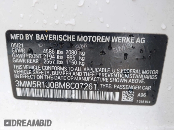 2021 BMW 3 Series 330i z VIN 3MW5R1J08M8C07261, wystawiony jako IAAI lot #41861814 z przebiegiem 87 426 mil mil oraz . Historia ofert i sprzedaży dostępna na DreamBid. Obrazek 9.