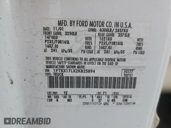 2002 Ford F-150 XL with VIN 1FTRX17LX2KB25894, listed as a Copart auction lot 49283405 with 247,998 mi miles and Salvage title. Bid and sale history available at DreamBid. Image 12.