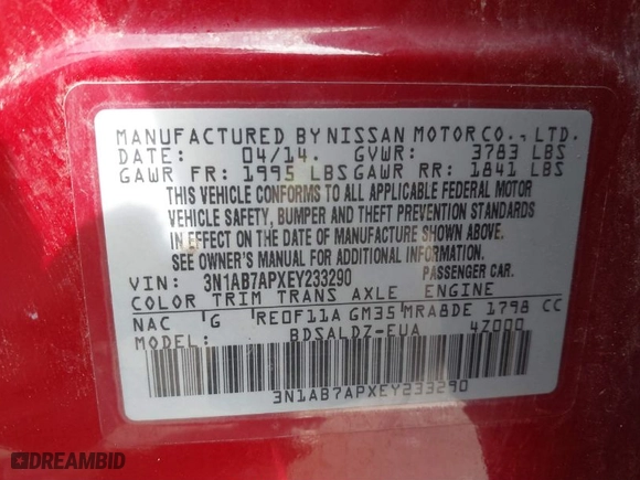 2014 Nissan Sentra SV with VIN 3N1AB7APXEY233290, listed as a IAAI auction lot 41859003 with 163,374 mi miles. Bid and sale history available at carsss.com. Image 9.