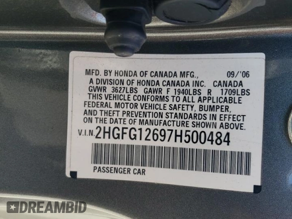 2007 Honda Civic Cpe LX with VIN 2HGFG12697H500484, listed as a Copart auction lot 71108934 with 201,180 mi miles and Salvage Title. Bid and sale history available at carsss.com. Image 12.