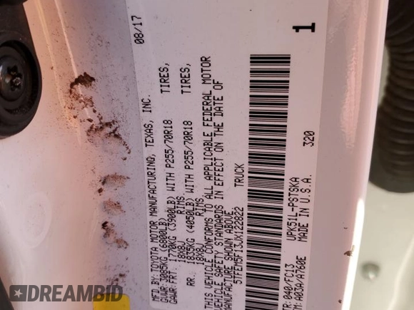 2018 Toyota Tundra 2WD SR5 with VIN 5TFEM5F13JX122822, listed as a Copart auction lot 82051473 with 67,154 mi miles and Salvage Title. Bid and sale history available at carsss.com. Image 12.