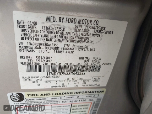 2008 Ford Taurus X SEL с VIN 1FMDK02W38GA43355, выставлен на аукционе IAAI как лот 42380357 с пробегом 178 297 миль миль и . История ставок и продаж доступна на DreamBid. Изображение 9.